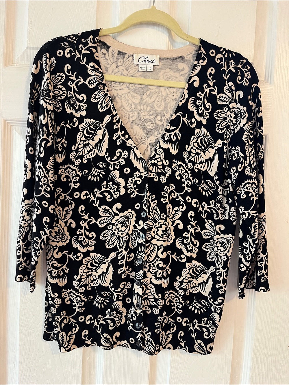 Chaus Black and Cream Floral Button-Down Cardigan